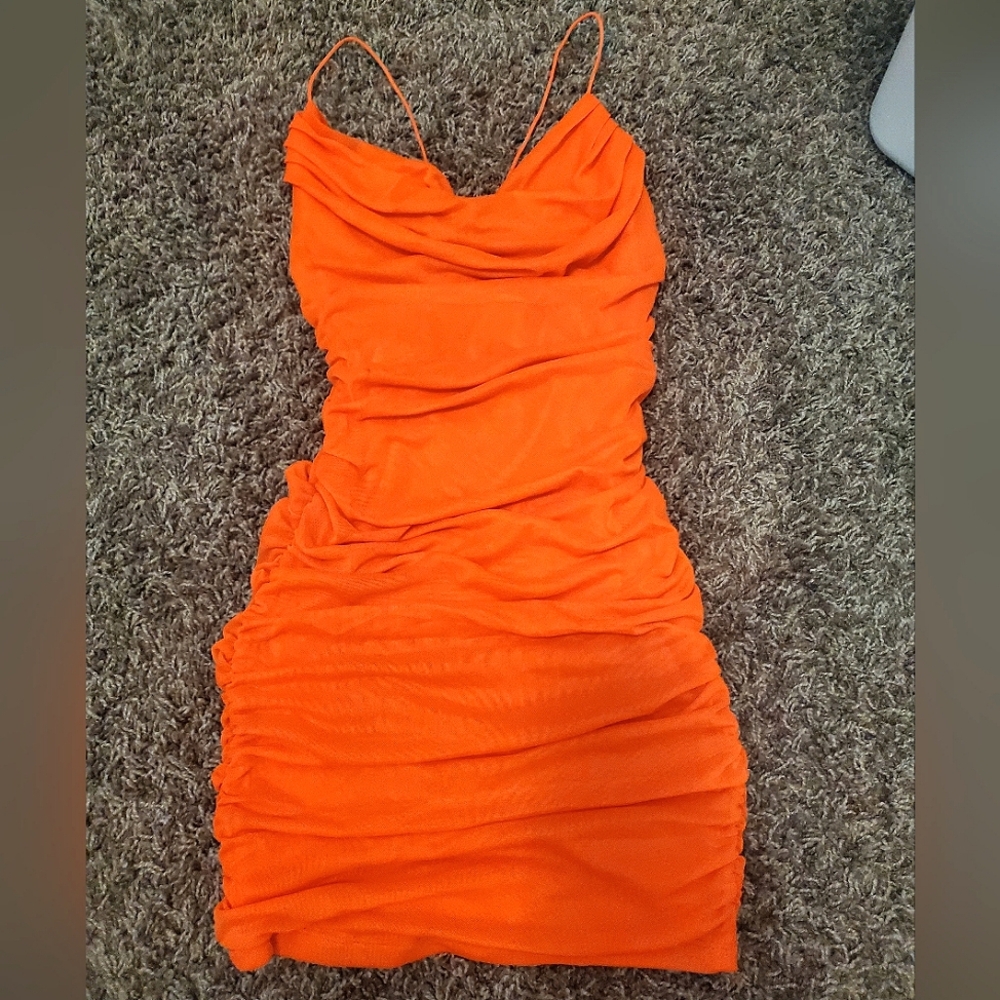 NWT Garage Orange Mesh Ruched Dress